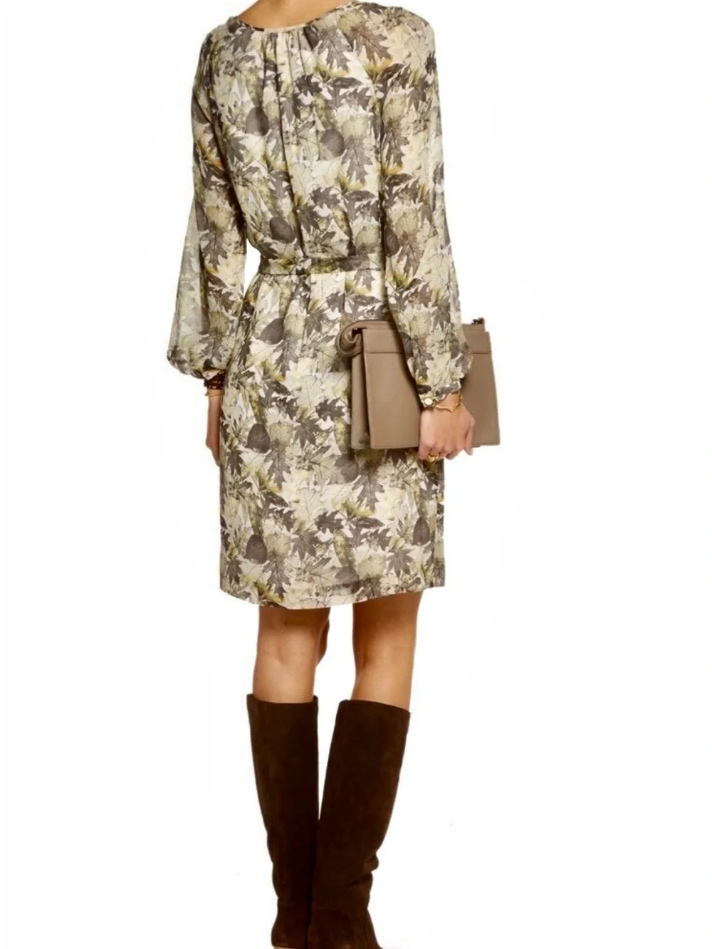 Tory Burch Lisa Silk Olive Cream Leaf Print Long Sleeve Tie floral Dress $425